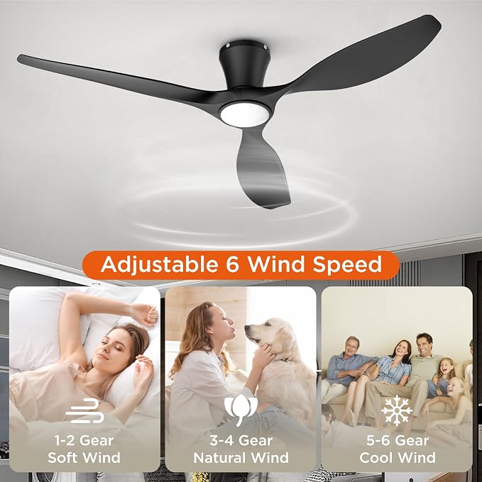 TALOYA 52 Inch Smart Ceiling Fans with Lights Led Remote Control Flush Mount Low Profile for Bedroom Farmhouse Patio Outdoor Living Room Kitchen Dining Room,DC Motor,Reversible,Black
