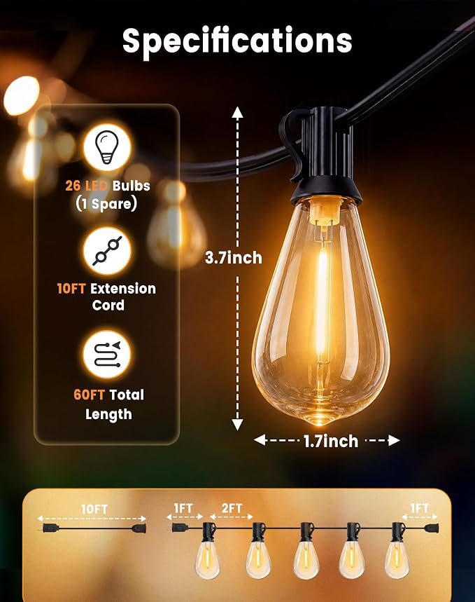 Outdoor String Lights 60FT(50+10) Waterproof, 25 LED S14 Shatterproof Edison Bulbs, 2FT Spacing, Extension Cord, Connectable Plug in Hanging Patio Lights for Outside, Backyard, Warm White