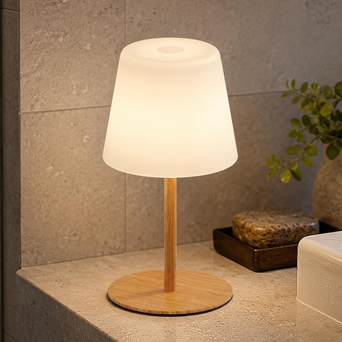 Rechargeable Table Lamp, Cordless Shower Lamp for Bathroom, IP65 Wood Grain | Bathroom To Bedside Glow, Touch-Dim Comfort, 4000mAh USB-C Ease, 12-24H Light, 3 Light Moods, 2-Height Fit