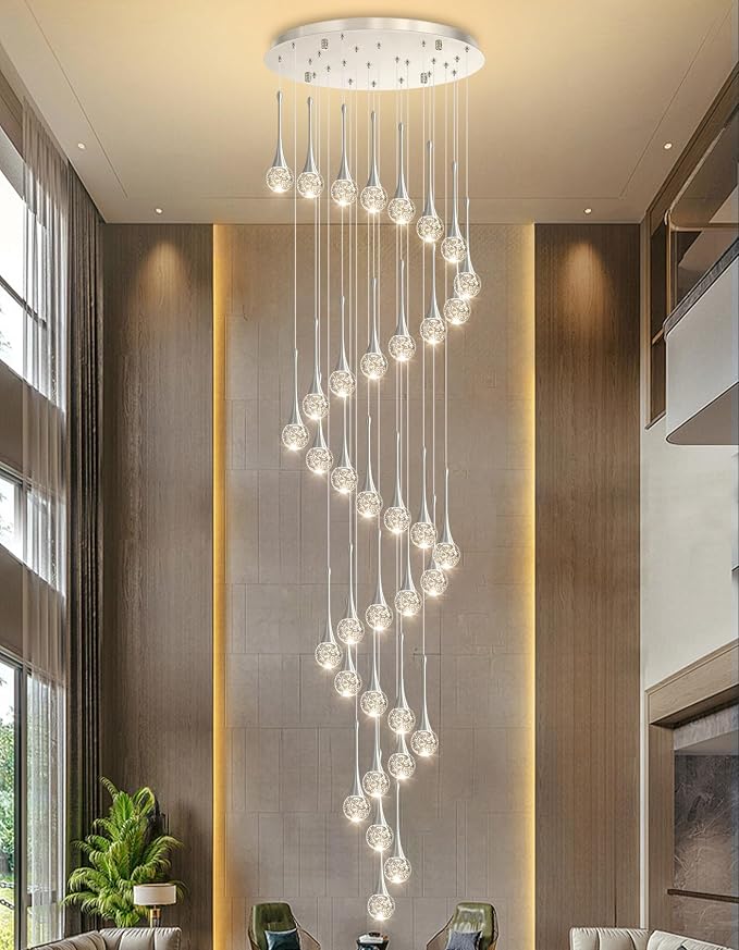36 Light Modern Glam Crystal Chandelier for High Ceiling LED Dimmable Ceiling Pendant Light Staircase Foyer Enterway Living Room Chandelier Lighting Antique Silver