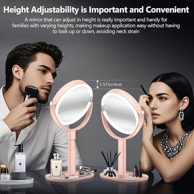 MIYADIVA Makeup Mirror with Lights, 30X Magnifying Mirror with Light and Touch Switch, Vanity Mirror with 3 Color Light and 80 LEDs, Height Adjustable Desk Mirror with Light, Pink