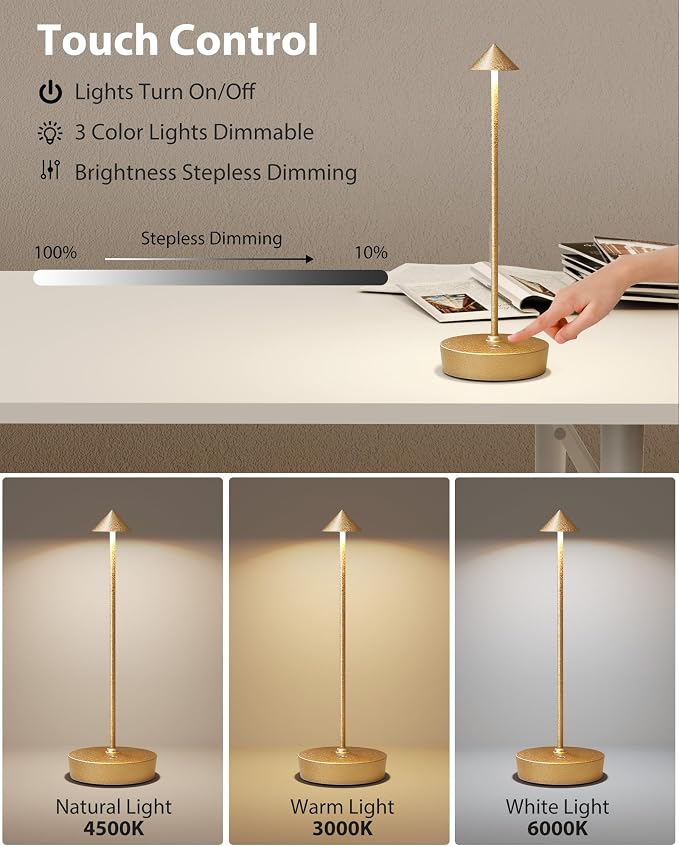 Cordless Table Lamps Rechargeable 6000mAh Battery Operated LED Desk Lamp | Outdoor Waterproof Portable 3 Color Touch Dimmable Table Light for Patio Restaurant Dining Home Set of 2 Capacitor Gold