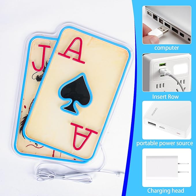 Poker Neon Sign for Wall Decor Playing Cards LED Neon Lights Dimmable Casino Neon Lights up Sign for Game Room, Bar, Man Cave, Bedroom, Casino Party Decorations Gift