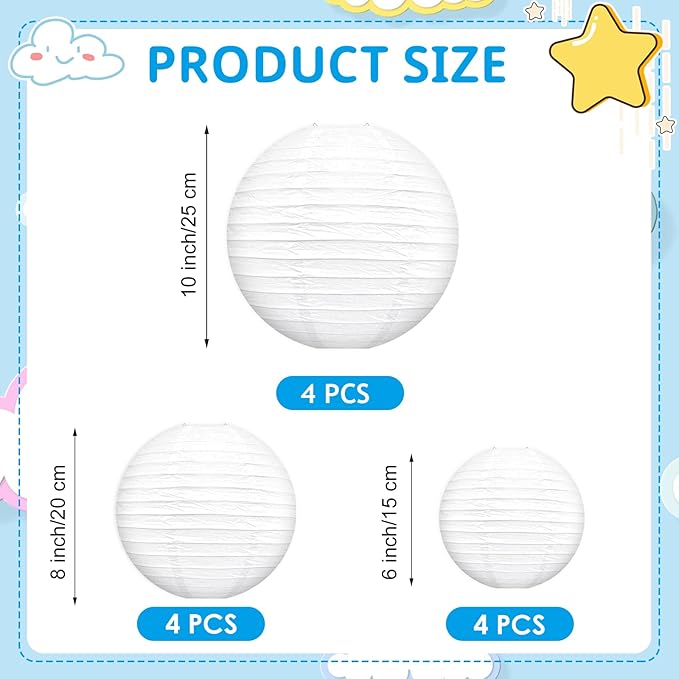 White Paper Lanterns Celehappy Hanging Round Paper Lanterns Decorative 6" 8” 10” Chinese Lanterns for Birthday Wedding Party Decoration Baby Showers Valentine Indoor Outdoor 12pcs