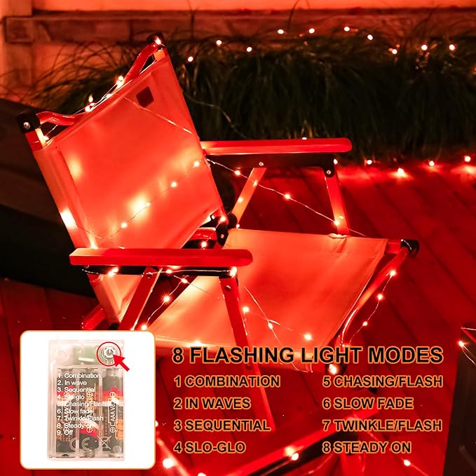 Red Fairy Lights Battery Operated (Included), 8 Modes & Auto Timer, 16FT 50Led Mini Twinkle Silver Wire Firefly Starry Lights, Waterproof Battery Operated Lights for Mason Jars Party Bedroom