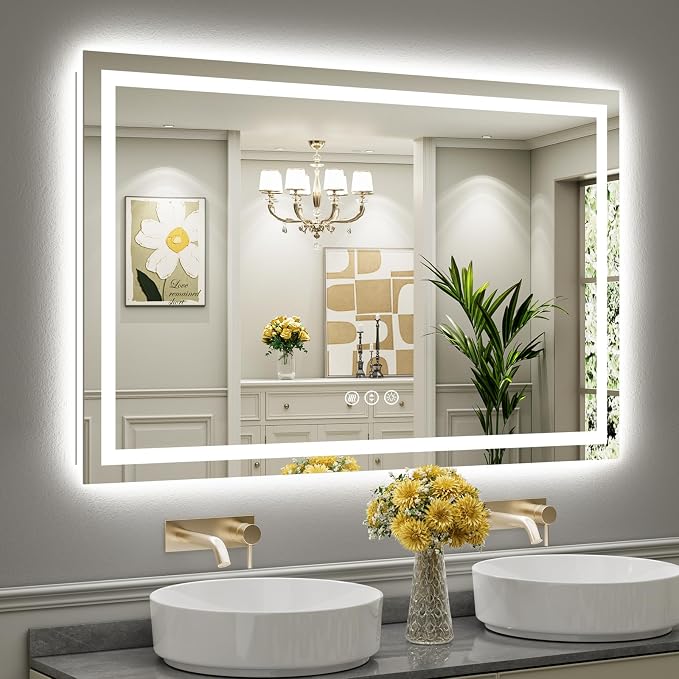 55x36 Inch LED Bathroom Mirror with Lights, Backlit & Front | Anti-fog, 3 Color Dimmable, Memory Function, HD Reflection Tempered Glass, ETL Listed, IP54 Waterproof