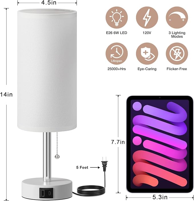 White Bedside Table Lamp for Bedroom - Small Nightstand Lamp for Girls | 3 Color Temp, USB A+C Ports, LED Bulb Included, Soft White Fabric Shade, Matte White Metal Base, 14" Desk Lamp for Kids Dorm