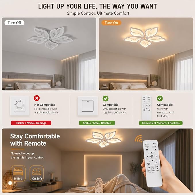 Garwarm Modern LED Flush Mount Ceiling Light, 23.6" Dimmable with Remote | 60W Acrylic Floral Low Profile Ceiling Light Fixture with Memory, 3000K-6500K for Bedroom, Living Room, Dining Room & Kitchen
