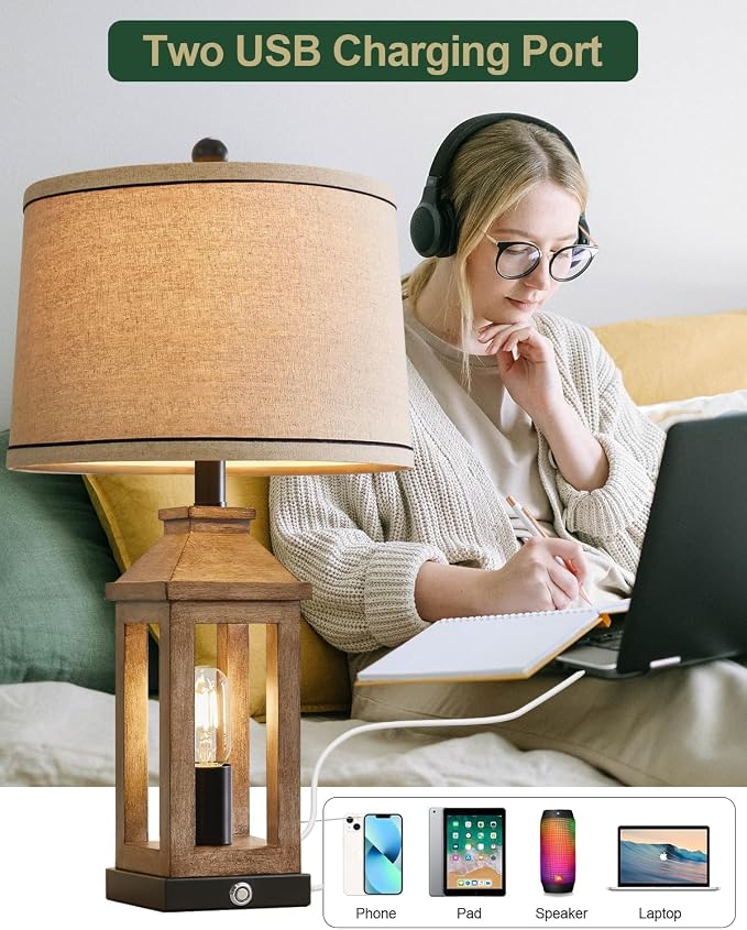 G-SAFAVA 23.75" Farmhouse Dual USB Charging Ports 3-Way Dimmable Touch Control Table Lamp with Nightlight Vintage Modern Lamps for Living Room Bedroom