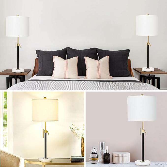 Table Lamps for Bedrooms Set of 2, 22" to 30" Height Adjustable Nightstand Lamps with Linen Shade, Pull Chain Switch Lamps for Living Room, 3 Way Dimmable Bedside Lamp