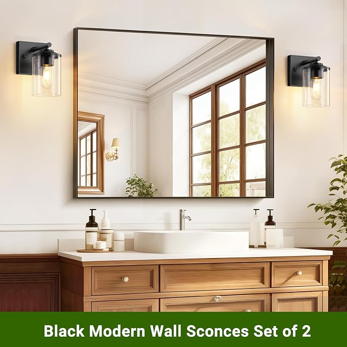 Wall Sconces Set of Two, Modern Bathroom Sconces with Clear Glass Shade, Matte Black Vanity Lights for Bathroom, Farmhouse Wall Light Fixtures for Mirror, Bedroom, Living Room