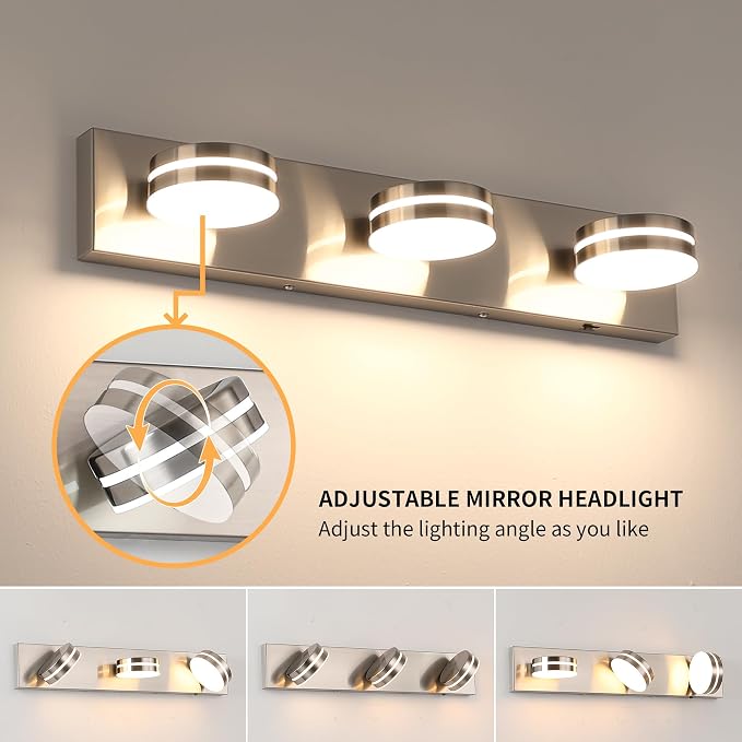 3-Light Bathroom Vanity Light 23.62in Brushed Nickel Vanity Light | 5CCT 18W LED Bathroom Light Fixtures Over Mirror,Dimmable 360°Rotate for Makeup Vanity Table Bathroom Mirror Bedroom