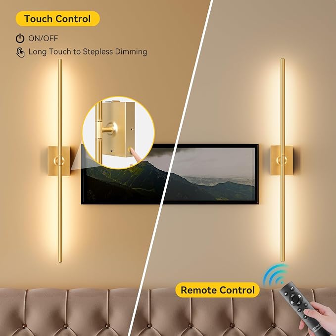 Battery Operated Wall Sconces Set of 2, 10000mAh Wireless Rechargeable 3000-6000K Dimmable 350° Rotate Wall Light with Remote for Living Room, Bedroom 23.6in Gold