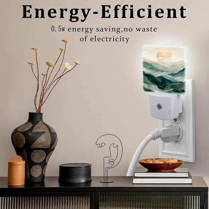 Golden Mountains with Sun Night Light for Kids,Watercolor Sunrise Mountain Night Light Plug in with Dusk to Dawn Sensor,0.5w Energy Saving Nightlight for Hallway Stairway Kitchen Bedroom