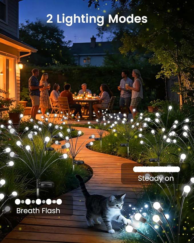 OZS 4 Pack Total 32 LED Solar Garden Lights Fairy Outdoor - Solar Firefly Lights Outdoor, Sway by Wind, Waterproof for Garden Patio Pathway Fairy Decoration (Cool White)