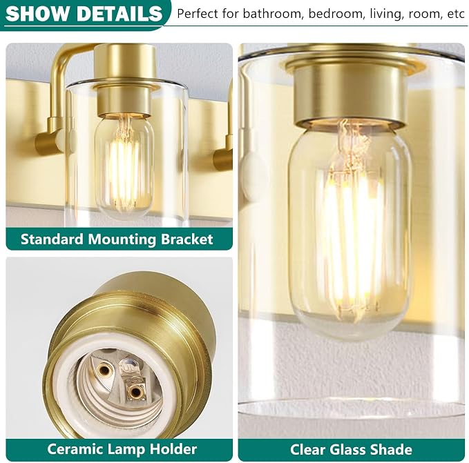 Dpyrrhic Gold Bathroom Light Fixtures,3-Light Bathroom Lights Over Mirror with Clear Glass Shade,Gold Vanity Light Wall Sconces for Kitchen Living Room Bedroom
