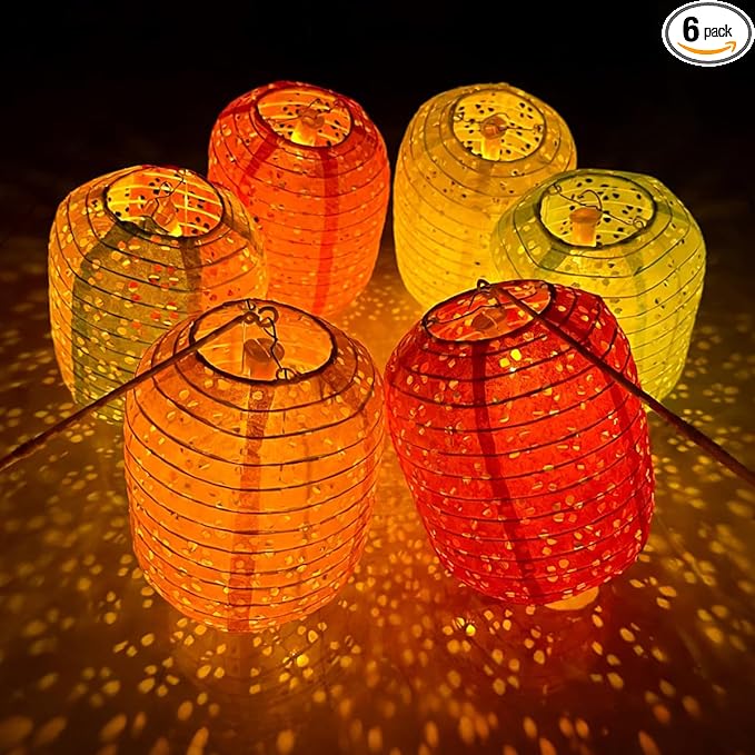 6Pcs Paper Lanterns Chinese Japanese Colorful Hanging Paper Lanterns with LED Lights 8inch Oval Decorative Asian Lanterns Lamps with Tassel Stick for Wedding Birthday Festival Party Decorations
