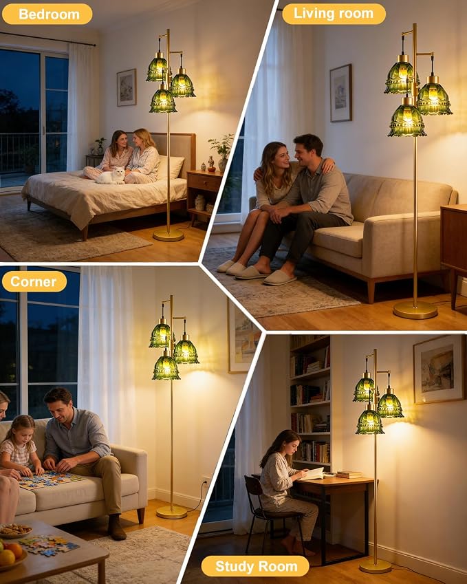 Lightdot 3-Lights Green Glass Floor Lamp Dimmable Gold Floor Lamp with Glass Shade 3000K Bulbs Included Unique Modern Standing Tall Lamp with 5Lbs Heavy Base for Living Room/Bedroom/Sofa Beside