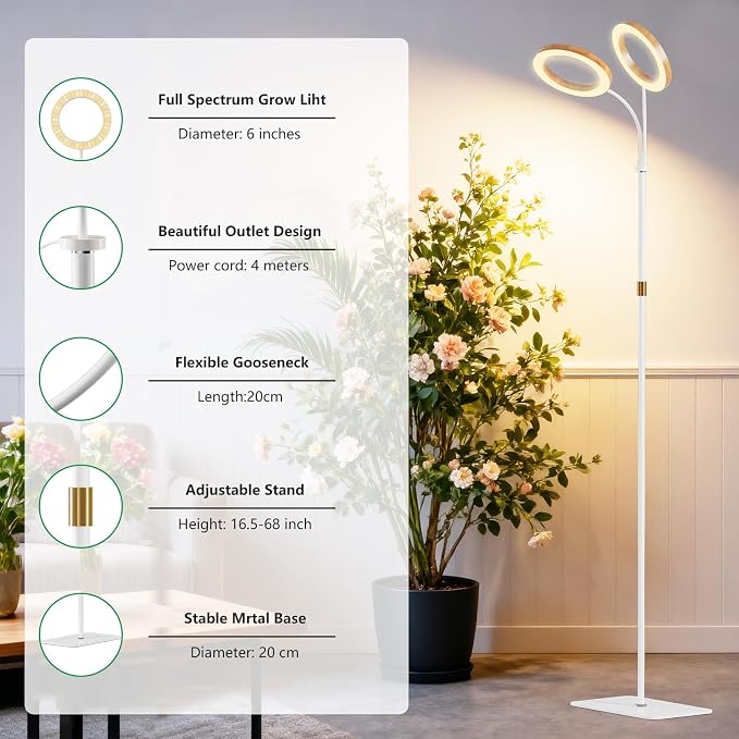 SDOVUERC Full Spectrum Grow Light with Stand for Indoor Plants, Floor Plant Light, 6/12/18H Timer, 3 Color Modes, Adjustable Height 16.5–68in, for Large Plants & Home Décor(2 Heads,Faux Wood Grain)