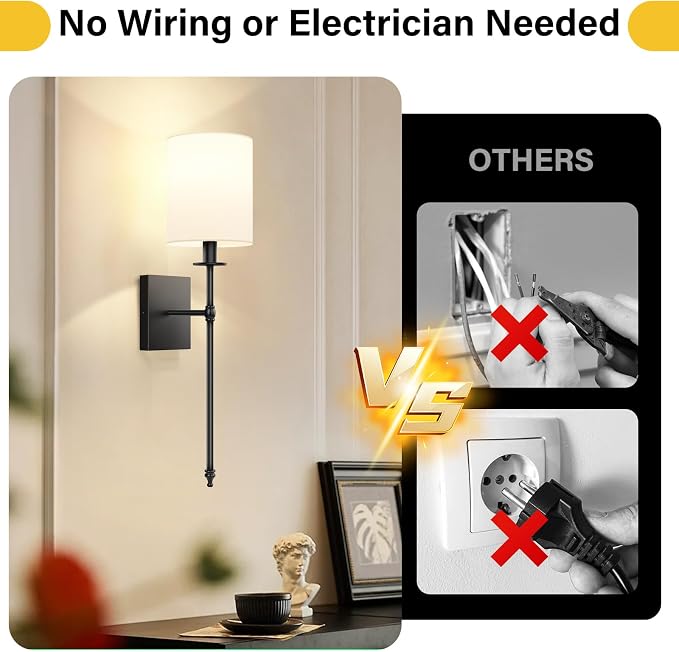 27 Inch Black Battery Operated Wall Sconces Set of 2, Rechargeable Wireless Wall Lights with Remote & White Fabric Shade, Indoor Not Hardwired Dimmable Wall Lamps for Hallway, 2 Bulbs Included