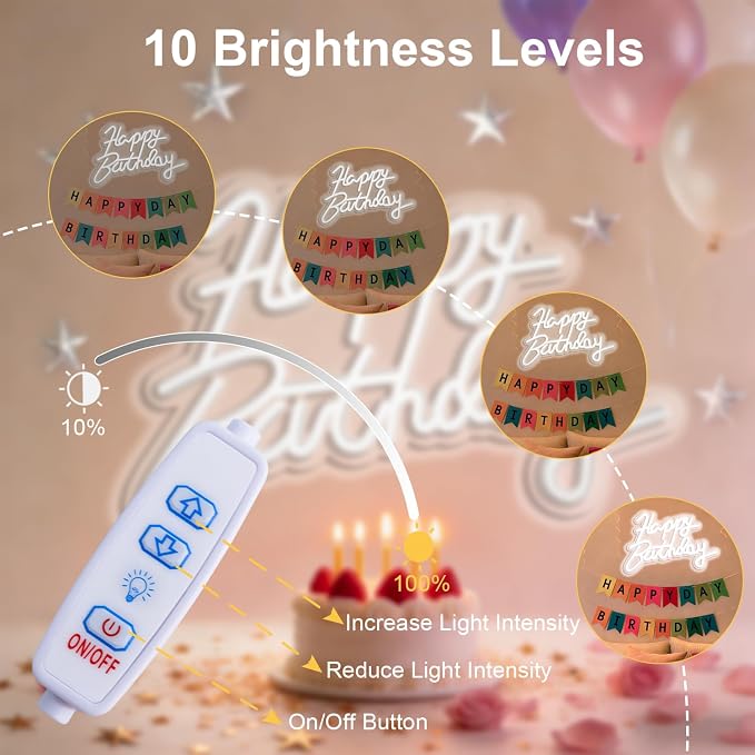 Happy Birthday Neon Sign for Wall Party Decor, LED Happy Birthday Light up Sign for Backdrop, 16"x 11" USB Powered 10 Brightness Settings Light up Signs Party Decorations Backdrop, Cool White