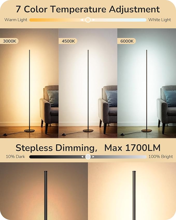 EDISHINE 59.8" Floor Lamp with Remote & 3 Height Settings, Dimmable & 3CCT | Foot Switch, Stable KD Structure, Modern Floor Lamps for Living Room, Bedroom, Office, Black