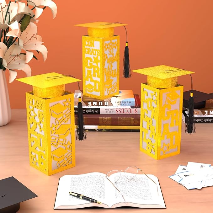 12 Pcs Graduation Table Centerpieces Boxes Class of 2026, Golden Graduation Paper Lanterns Boxes with String Lights Hollow Out for Congrats Grad School College Table Decorations Grad Party Photo Props