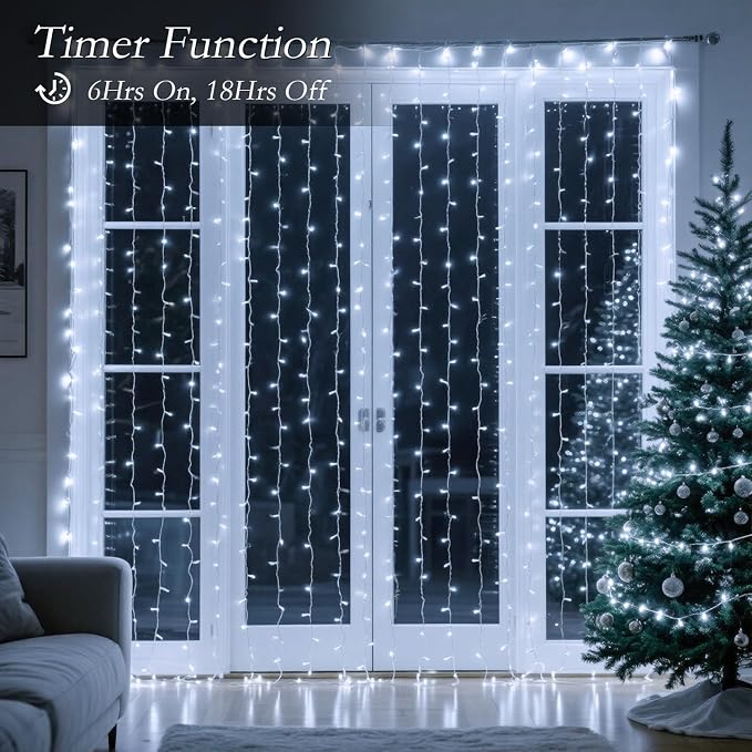 200 LED Cool White Curtain String Lights 9.8x6.6FT, Plug in Fairy Lights with 9 Hooks Dimmable Timer & 8 Modes, IP44 Waterproof, Bedroom Office Wall Wedding Party Christmas Indoor Outdoor Decor