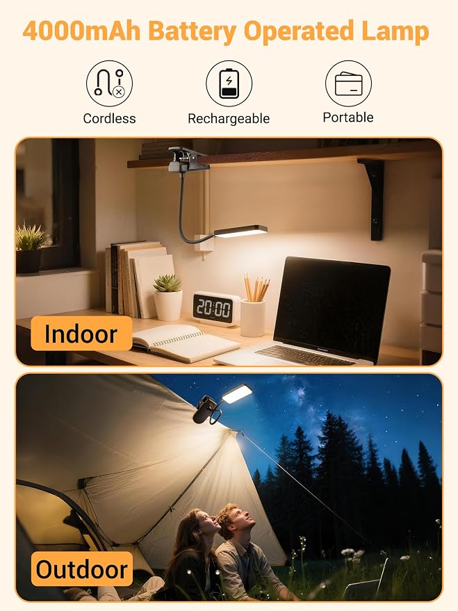 Clip on Light,45 Modes Dimmable+450 Lumen 48 LED Desk Lamp with Clamp Light | 4000mAh Battery Powered Rechargeable Table Lamp,Cordless & Wireless Desk Light,Reading Light for Bed/Headboard/Dorm/Office