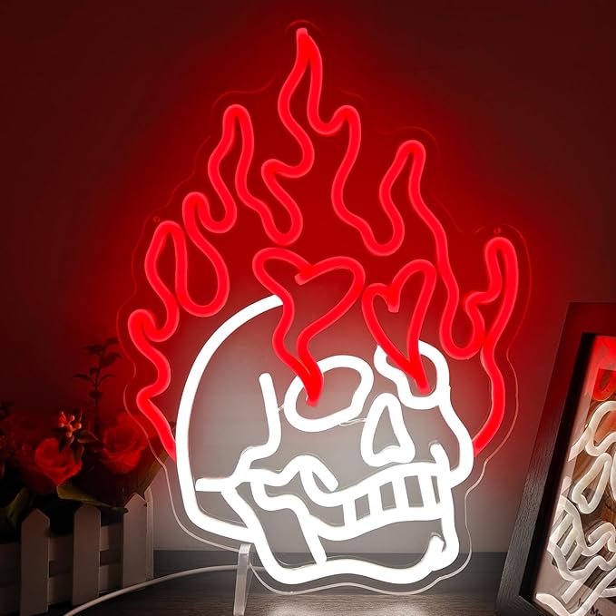 Skull Neon Signs for Bedroom Dimmable Neon Halloween Sign Skull Fire Neon Signs Skeleton Head Wall Decor Skull Led Neon Light Sign for Man Cave Beer Bar Club Game Room Halloween Party Decor Gifts