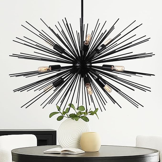 29" Vintage Black Sputnik Chandelier 9-Lights Large Starburst Chandelier with Adjust Rod Rustic Solid Metal Sputnik Satellite Chandeliers for Dining Room, Kitchen, Living Room, Foyer, E12