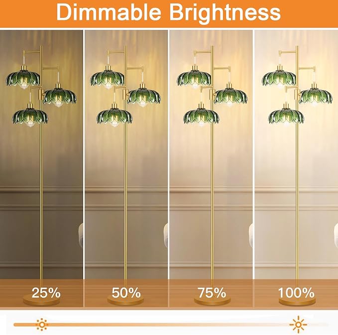 Dimmable Floor Lamps for Living Room Bedroom-3 Light Gold Floor Lamp with Glass Lampshape, Flower Tall Lamp Mid Century Modern Standing Lamp Glass Tree Floor Lamps for Living Room Bedroom,Corner