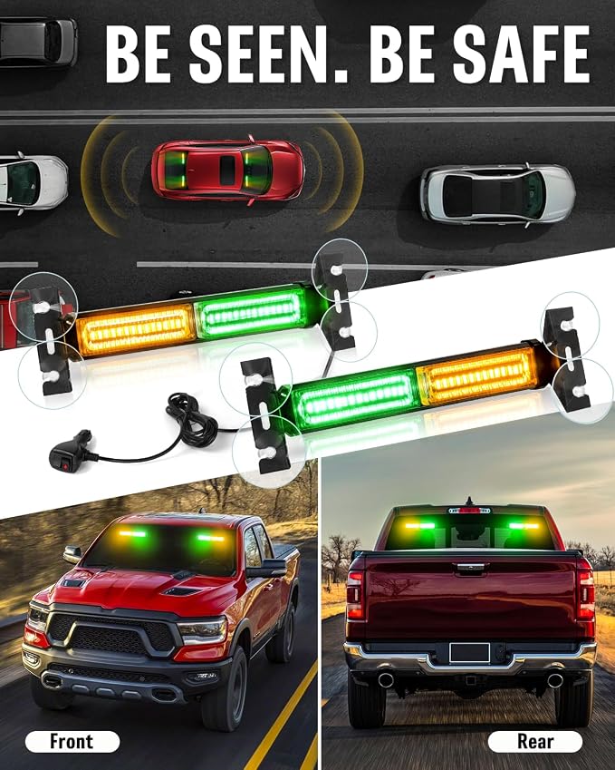 HLauto 1002L Emergency Strobe Traffic Advisor Light Bar: 40 LED Dash Safety Warning Flashing Light, Front/Rear Windshield Visor for Construction Vehicle, Tow/Plow Truck (2x10.7inch, Amber Green)