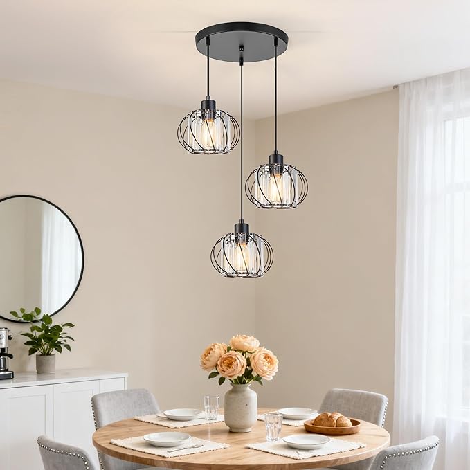 Cluster Pendant Light Fixtures, 3-Light Pendant Lights Kitchen Island, Farmhouse Hanging Light Fixture, Industrial Black Metal Cage Pendant Lighting With Clear Crystal for Sink Dining Room Hallway