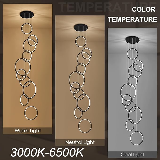 High Ceiling Chandelier 10 Ring Black Foyer Chandeliers Entryway Long Modern LED High Ceiling Light Staircase with Remote Control for Living Dining Room (98.5in 3000K-6500K)