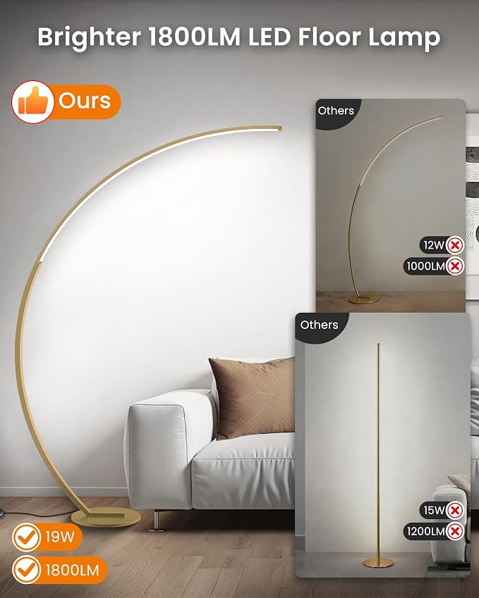 75 inch Dimmable LED Arc Floor Lamp for Living Room with Foot and Remote Control, 3 Color Temperatures, 3000K-6000K Whites, Stepless Dimming,Gold D62LD05
