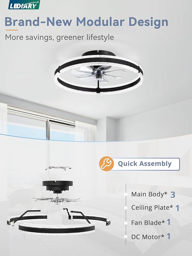 LEDIARY Ceiling Fans with Lights and Remote, 20'' Low Profile Ceiling Fan with Light, 3000-6000K Dimmable Fandelier Ceiling Fans, Modern Flush Mount Fan Light for Bedroom with 6 Wind Speeds- Black | 3000-6000K Dimmable LED, 6 Wind Speeds, Quiet Reversi...