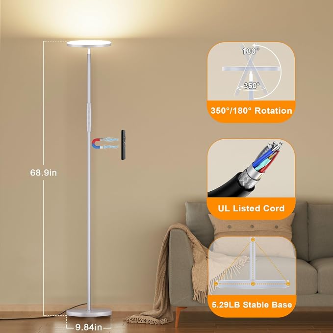 69" LED Floor Lamp, 3600LM Torchiere Modern Standing Lamp for Living Room | 350W Equivalent, Stepless Dimming 2700K-6500K, Remote & Touch Control, Super Bright, Floor Lamp for Living Room Bedroom, Gray