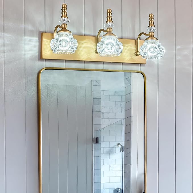 Modern Glass Crystal Vanity Light - Vintage Bathroom Lighting Fixtures Over Mirror, 3 Light Vanity Lights G9 Bulb (19.68 Inch,Brass)