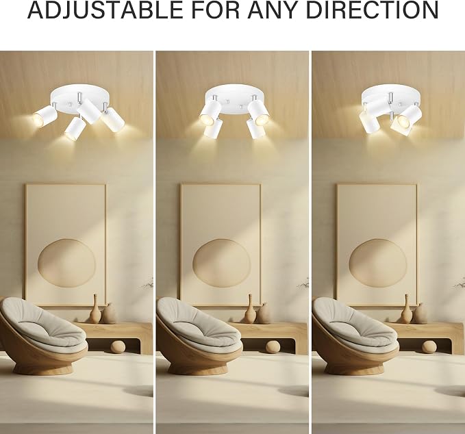 AUQUEE LED 4 Light Track Lighting Kit, LED Track Lighting Fixtures, White Round Ceiling Spot Lighting, Flexibly Rotatable Light Head for Kitchen, Living Room, Bedroom, GU10 Bulb Not Included