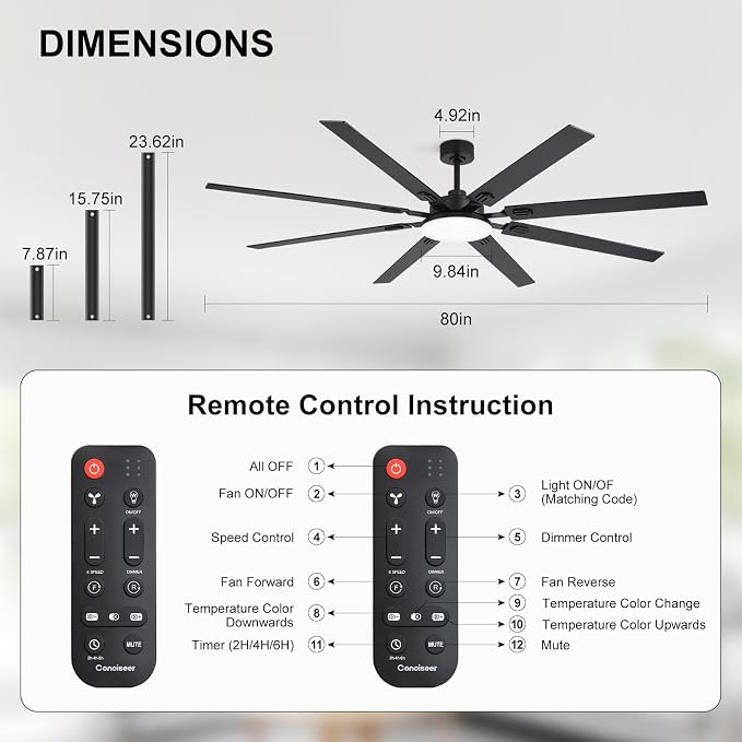 80 Inch Ceiling Fans with Lights and Remote, Bedroom Living Room Office Library Cafe Outdoor Industrial, 5CCT Dimmable, Dual Color 8 Blades, 6 Speed Reversible Quiet DC Motor, Black/Wood Grain