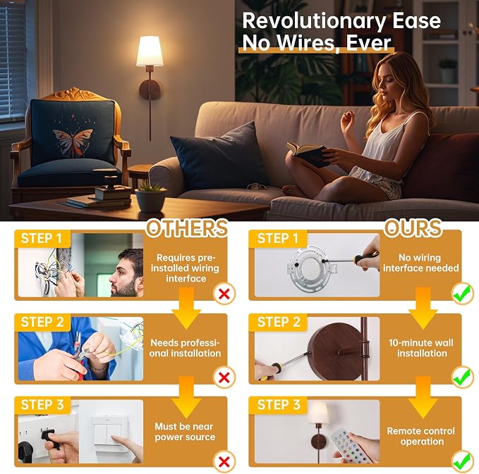 Shenmoyl Battery Operated Wall Sconces Set of 2, Walnut Finish Wall Lamp 6000 mAh Rechargeable Bulb with 12 RGB Colors Dimmable Wall Sconce for Living Room Bedroom