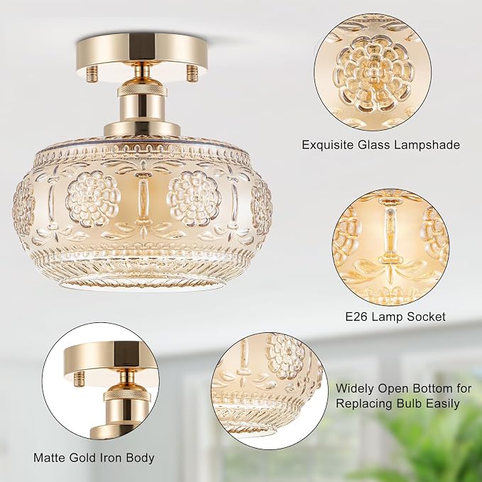 Semi Flush Mount Ceiling Light - French Gold Finish & Amber Floral Glass Shade, Vintage Modern Lighting for Bathroom, Kitchen, Bedroom (Bulb Not Included)
