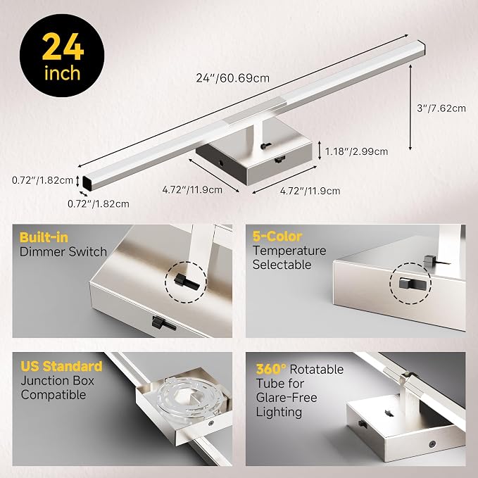 24 Inch Brushed Nickel Bathroom Vanity Light, Built-in Dimmer 2700K-6000K 1100LM LED, 360° Rotatable Bathroom Lights Over Mirror for Makeup, Shaving, Restroom, Powder Room ETL FCC