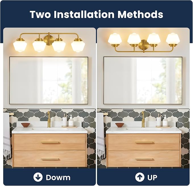 RUIYEY Bathroom Vanity Light Fixtures: 4 Lights Brushed Gold Vanity Lights for Bathroom, E26 60w Hardwired Wall Sconce Lighting with Frosted Milky Glass Over Mirror (Exclude Bulb)
