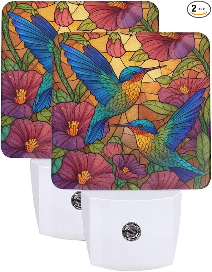 Blue Hummingbirds Night Light Set of 2, Colorful Flowers Auto Sensor LED Dusk-to-Dawn Nightlights, Plug-in Sensor Lamp for Bedroom Bathroom Kitchen Hallway Stairs Decorative