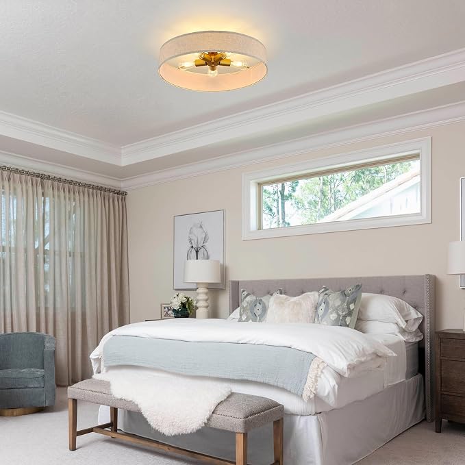 VILUXY Gold Semi-Flush Mount Ceiling Light Fixture 24" Large Modern Ceiling Light with Linen Fabric Drum Shade 5-Light Round Ceiling Lamp for Bedroom Dining Room Entryway