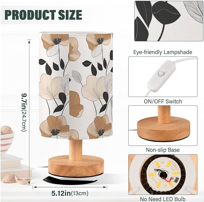 Fustylead Abstract Modern Brown Flowers Elegant Bedside Table Lamps with USB Port for Bedroom Lamp Small Nightstand Lamp Sturdy Linen Shade Wooden Decorative Lamps for Living Room Home Dorm Kids
