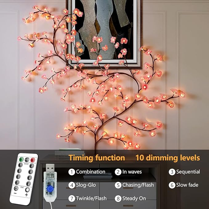 5.25FT 72LED Cherry Enchanted Willow Vine Lights for Bedroom Doors Wedding | Pink Cherry Blossom Tree Branch Lights for Wall, Remote Timer,8 Light Model, Wall Christmas, USB Battery Box