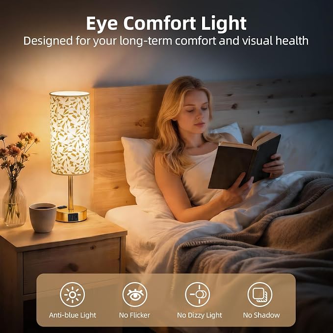 Table Lamp for Nightstand, High-Sensitivity Touch, 3-Level Dimmable Bedside Lamp with AC Outlet | USB | and USB-C, Ideal Night Stand Lamp for Bedroom, Reading, Living Room(Triangle&Gold)